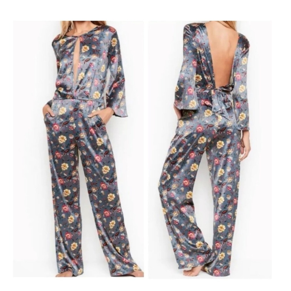Victorias Secret Floral Satin Jumpsuit Blue Wide Leg Bell Sleeve Open Back L EUC